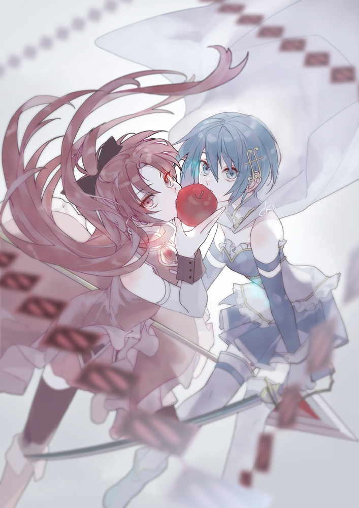 2girls, apple, armlet, bare_shoulders, belt, black_bow, black_thighhighs, black_wrist_cuffs, blue_belt, blue_eyes, blue_footwear, blue_hair, blue_shirt, blue_skirt, blue_sleeves, boots, bow, cape, chest_jewel, cleavage_cutout, closed_mouth, clothing_cutout, collared_cape, collared_dress, commentary_request, covered_mouth, detached_sleeves, dress, ekikisaragi, floating_cape, floating_clothes, floating_hair, food, fortissimo, frilled_dress, frilled_shirt, frills, fruit, full_body, gem, gloves, glowing_gem, grey_sleeves, hair_between_eyes, hair_bow, hair_ornament, hairclip, high_collar, holding, holding_food, holding_fruit, holding_polearm, holding_sword, holding_weapon, jewelry, knee_boots, long_hair, long_sleeves, looking_at_viewer, magical_girl, mahou_shoujo_madoka_magica, mahou_shoujo_madoka_magica_(anime), miki_sayaka, miki_sayaka_(magical_girl), miniskirt, multiple_girls, musical_note, musical_note_hair_ornament, open_mouth, pink_skirt, pleated_skirt, polearm, ponytail, red_dress, red_eyes, red_footwear, red_gem, red_hair, sakura_kyoko, sakura_kyoko_(magical_girl), sharing, shirt, short_hair, skirt, sleeveless, sleeveless_dress, spear, strapless, strapless_shirt, sword, thigh_belt, thigh_strap, thighhighs, two-tone_shirt, very_long_hair, weapon, white_background, white_cape, white_gloves, white_shirt, wrist_cuffs
