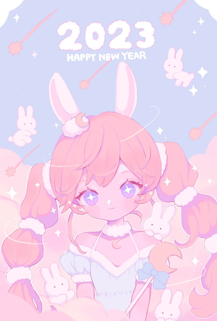 1girl, 2023, animal_ears, arms_at_sides, bare_shoulders, blue_dress, bright_pupils, choker