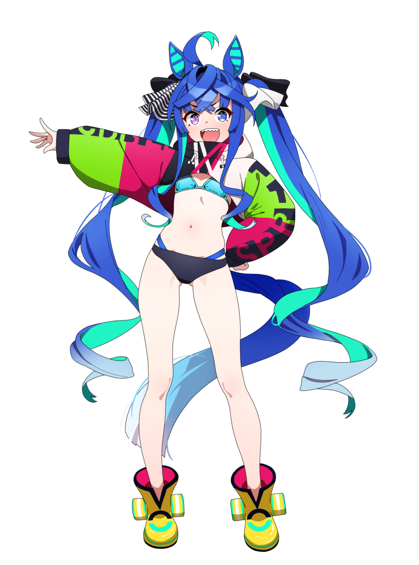 1girl, ahoge, animal_ears, ankle_boots, aqua_hair, bikini, black_bikini, black_ribbon, blue_bikini, blue_eyes, blue_hair, boots, breasts, coat, commentary, cropped_coat, crossed_bangs, drawstring, full_body, hair_ribbon, hand_on_own_hip, heterochromia, highres, hood, hood_down, hooded_coat, horse_ears, horse_girl, horse_tail, long_hair, long_sleeves, looking_at_viewer, mismatched_bikini, multi-strapped_bikini_bottom, multicolored_coat, multicolored_hair, navel, open_mouth, purple_eyes, ribbon, schwarz_rubin, sharp_teeth, sidelocks, simple_background, small_breasts, smile, solo, standing, swimsuit, tail, teeth, twin_turbo_(umamusume), twintails, two-tone_hair, umamusume, very_long_hair, white_background, yellow_boots