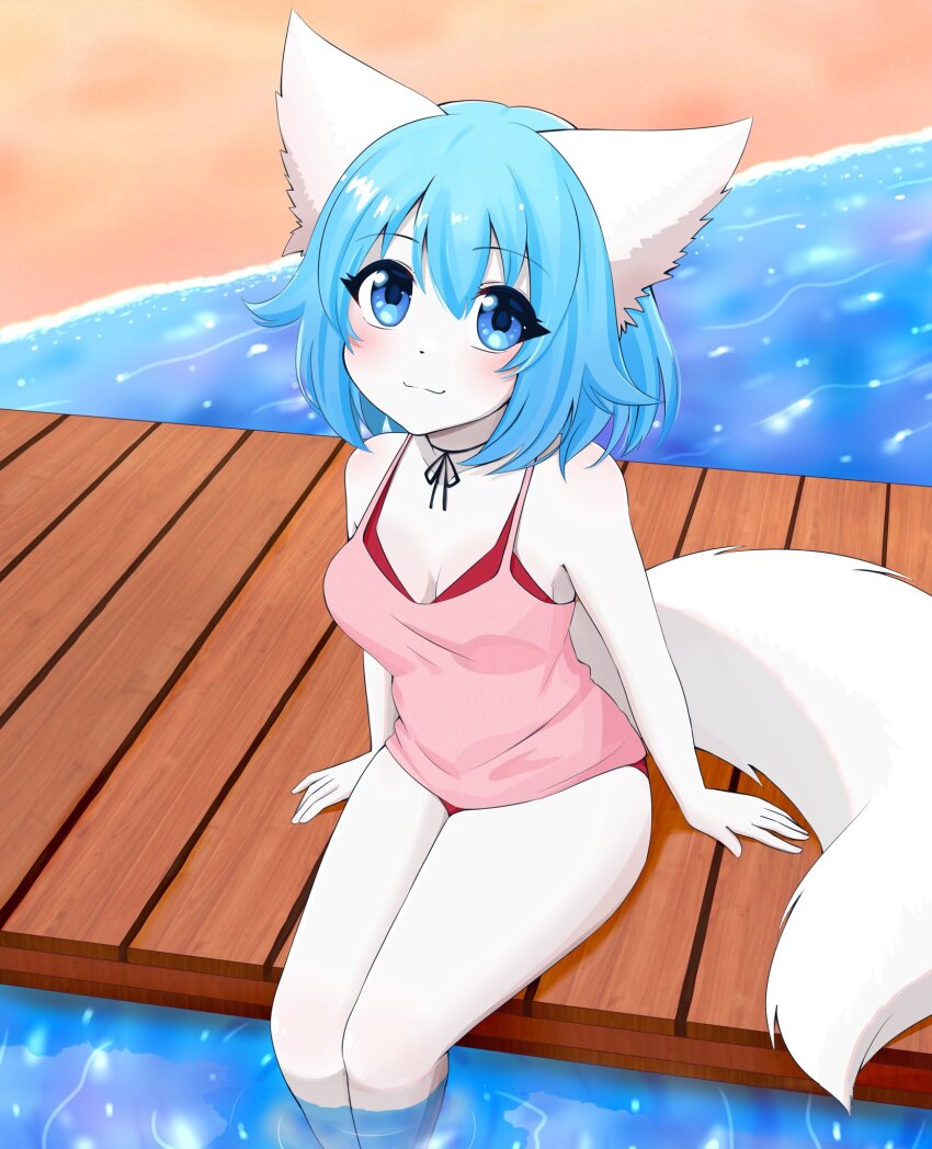 1girl, :3, animal_ears, bare_arms, bare_shoulders, beach, blue_eyes, blue_hair