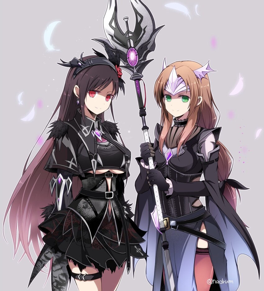 2girls, aerith_gainsborough, aerith_gainsborough_(bahamut_robe), black_hair, breasts, brown_hair, dress, final_fantasy, final_fantasy_vii, final_fantasy_vii:_ever_crisis, green_eyes, hairband, highres, holding, holding_staff, jewelry, looking_at_viewer, multiple_girls, nanao_(zonzonsh), official_alternate_costume, partially_shaded_face, prototype_design, red_eyes, staff, thighhighs, thighlet, tifa_lockhart, tifa_lockhart_(bahamut_suit), underboob