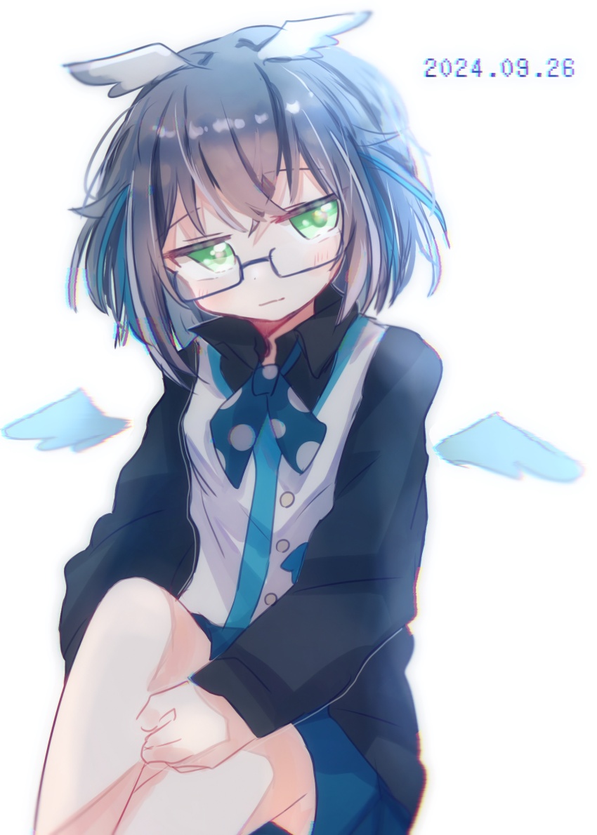 1girl, absurdres, black-framed_eyewear, black_shirt, blue_bow, blue_bowtie, blue_hair, blue_skirt