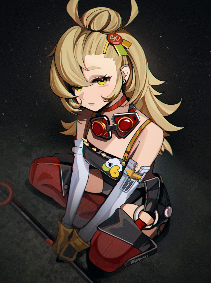 1girl, black_background, blonde_hair, closed_mouth, crop_top, earrings, expressionless, full_body