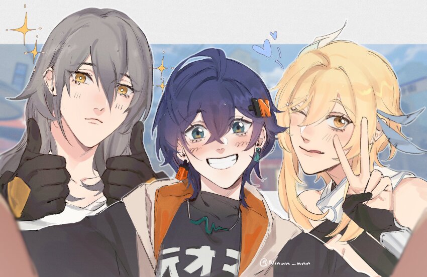 3girls, absurdres, ahoge, arm_armor, bare_shoulders, belle_(zenless_zone_zero), black_gloves, black_shirt