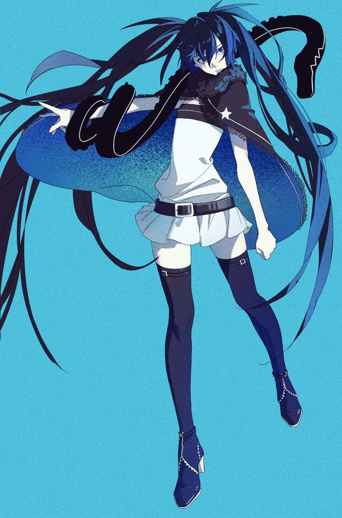 1girl, belt, black_rock_shooter, black_rock_shooter:_innocent_soul, black_rock_shooter_(character), black_thighhighs, blue_background, blue_eyes