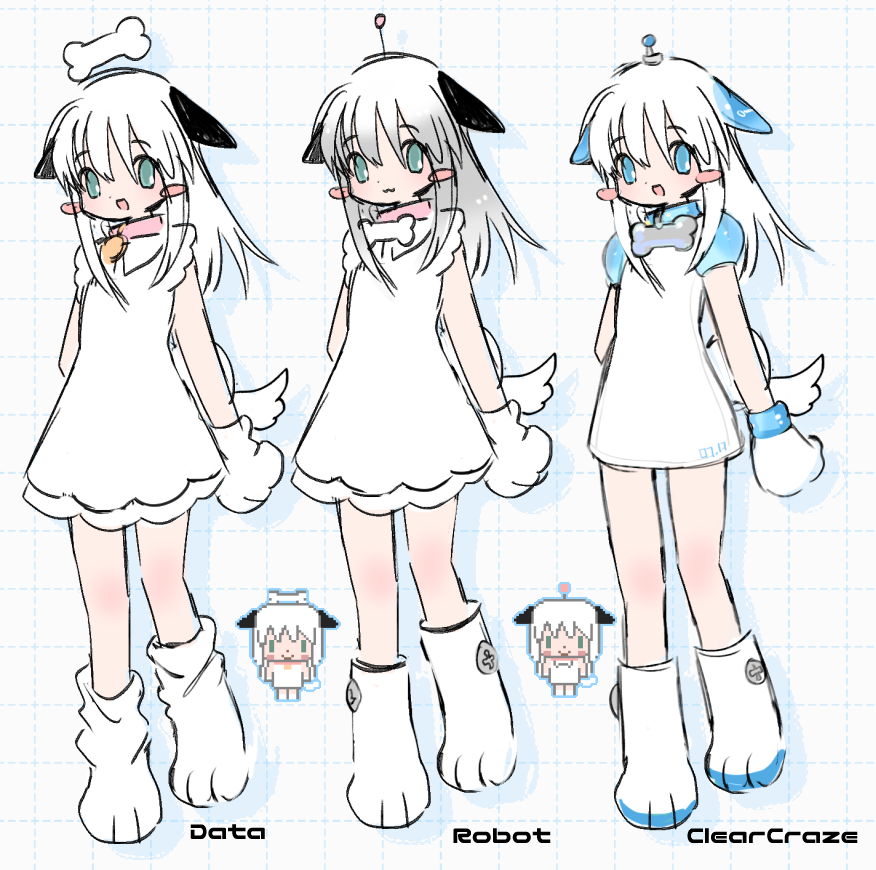1girl, animal_ears, animal_hands, blush_stickers, bone, boots, reference_sheet, collar, commentary, dog_ears, dog_girl, dog_tail, full_body, gloves, grey_hair, grid_background, lapithai, long_hair, multiple_views, open_mouth, original, pallas_(lapithai), paw_gloves, paw_socks, robot_ears, robot_girl, shirt, sketch, untranslatable_commentary, tail, white_hair, white_shirt