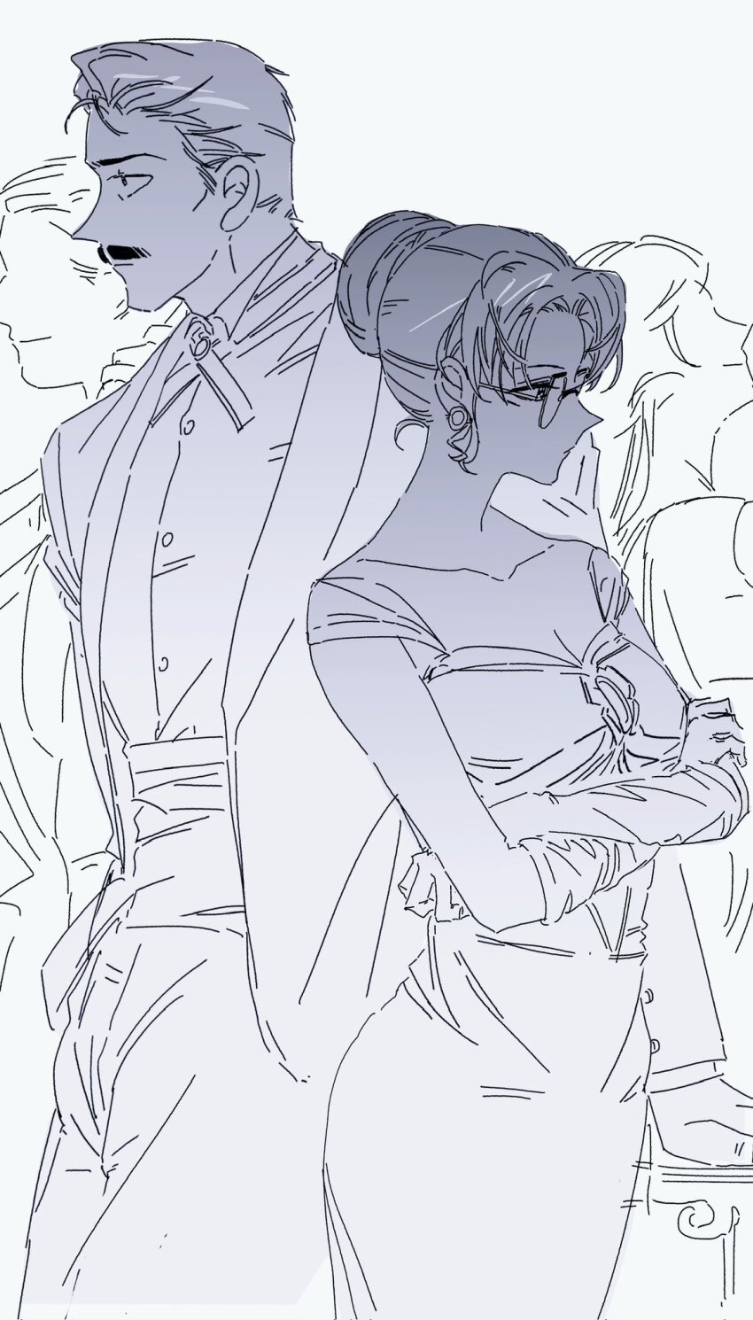 1boy, 1girl, closed_mouth, commentary, crossed_arms, dress, earrings, english_commentary