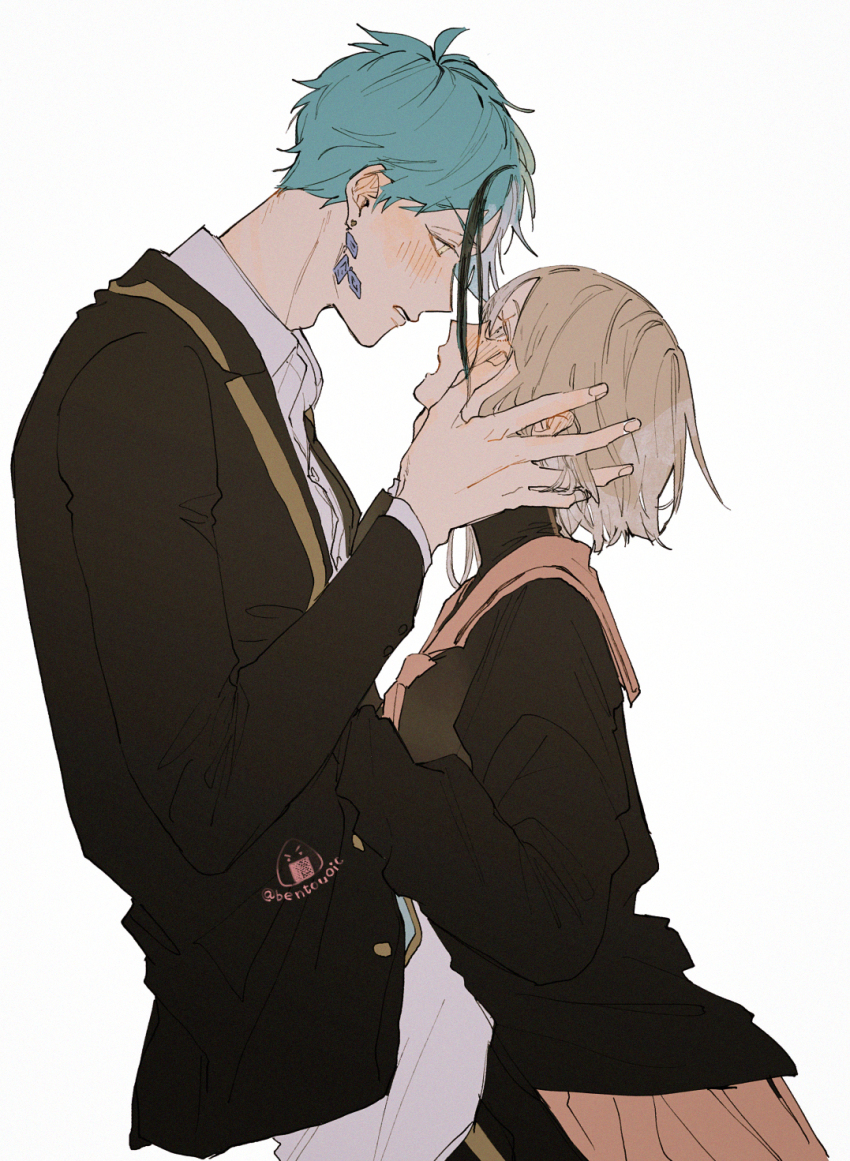 1boy, 1girl, bentouoic, blush, commentary_request, eye_contact, floyd_leech, hands_on_another's_face