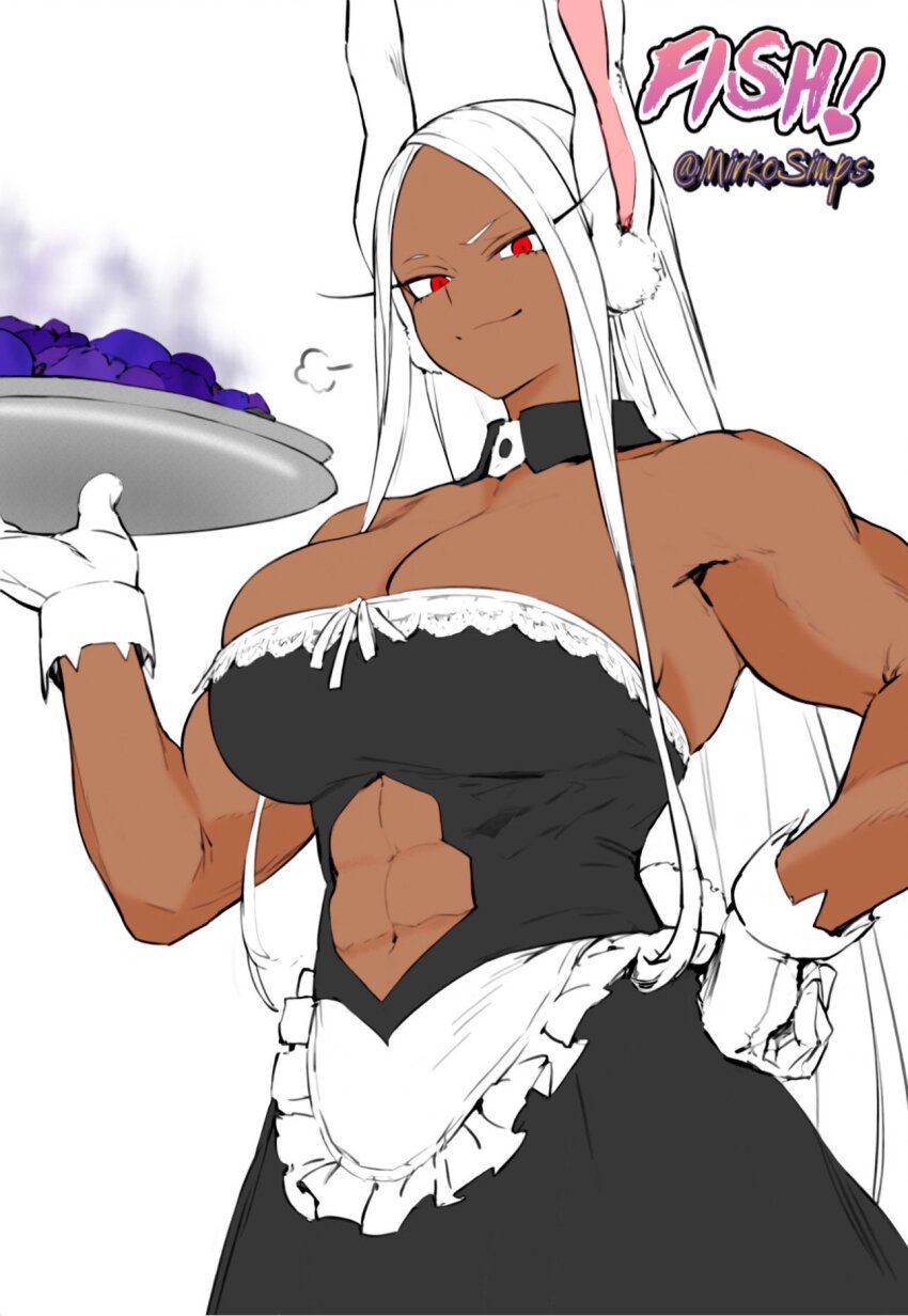 1girl, abs, alternate_costume, animal_ears, apron, artist_collaboration, artist_name, bad_food