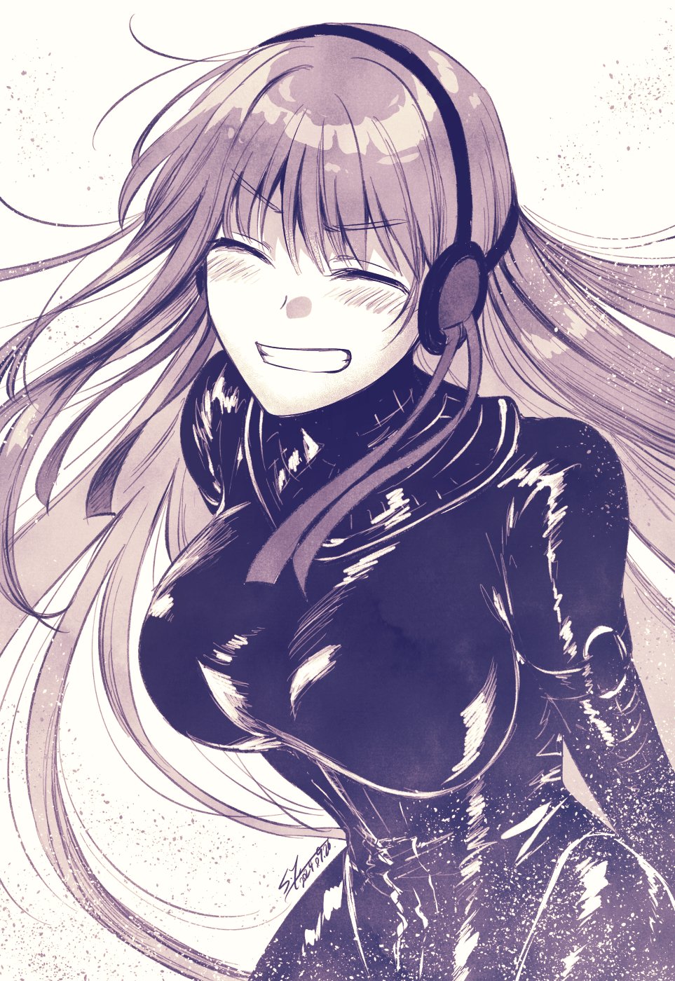 1girl, arm_strap, arms_behind_back, blush, bodysuit, breasts, closed_eyes, dated