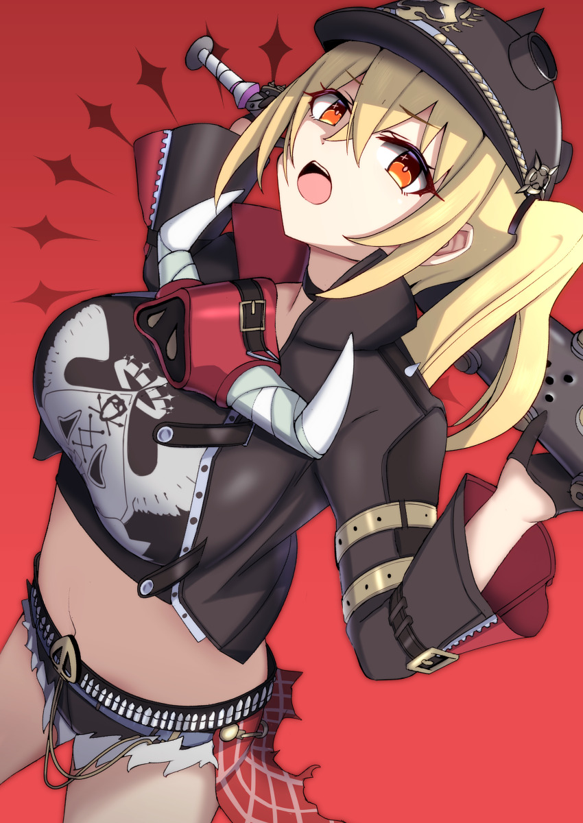 1girl, absurdres, baseball_bat, black_gloves, black_jacket, black_shorts, blonde_hair, breasts