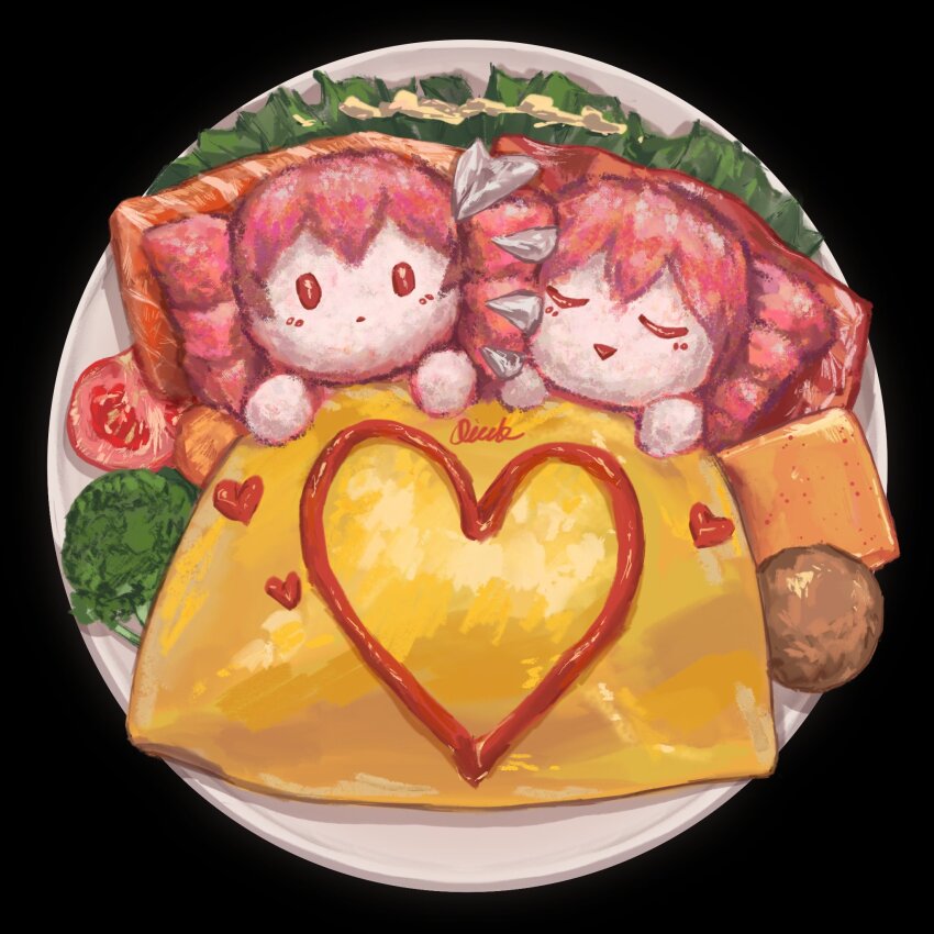 broccoli, closed_eyes, drill_hair, fish_(food), food, food_art, food_focus, from_above