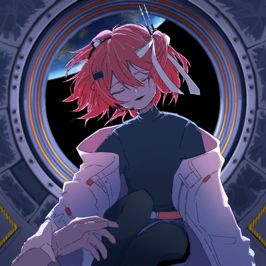 1boy, 1girl, a.i._voice, adachi_rei, black_pantyhose, black_shirt, closed_eyes, computer_chip, earth_(planet), facing_viewer, hair_between_eyes, hair_ornament, hair_ribbon, headset, highres, holding_another's_wrist, hyper_sign_(utau), jacket, kurusuke_(kurumi), long_sleeves, open_clothes, open_jacket, pantyhose, parted_lips, planet, ribbon, shirt, solo_focus, spacecraft_interior, turtleneck, utau, white_jacket, white_ribbon