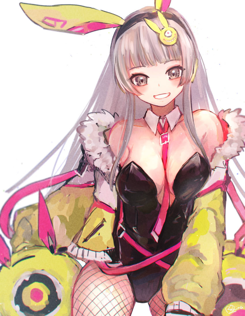 1girl, animal_ears, black_leotard, blush, breasts, cleavage, commentary, english_commentary