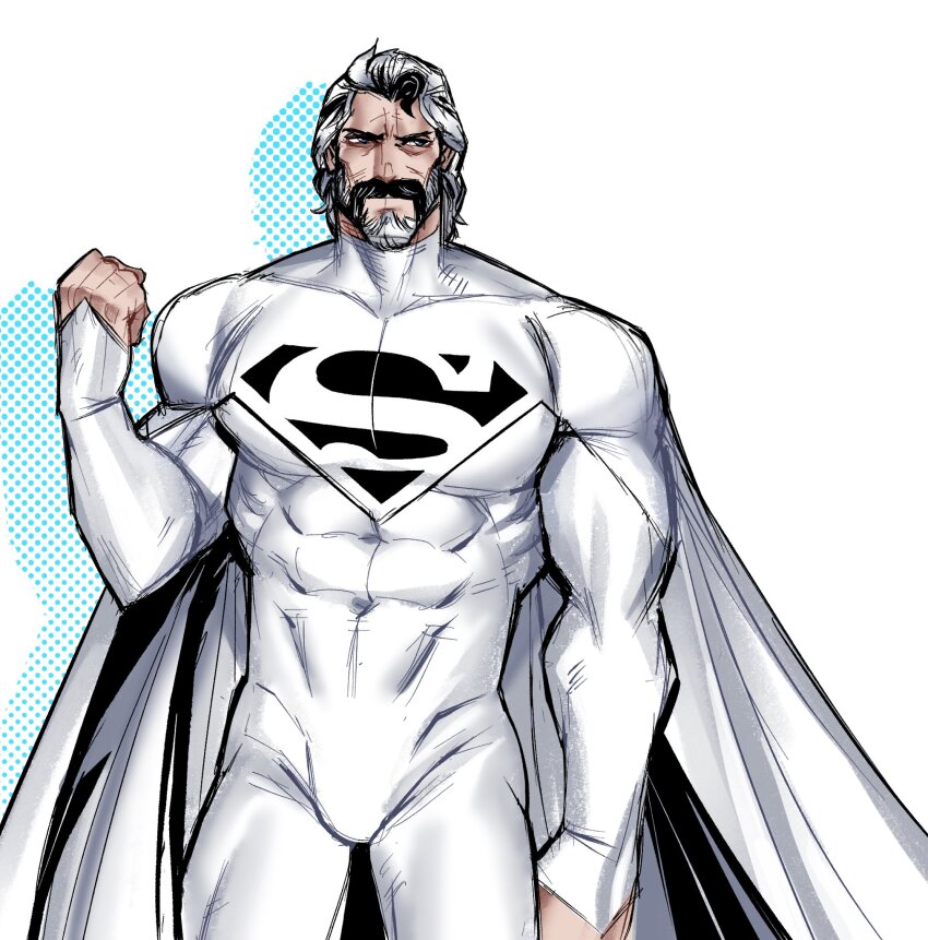 1boy, alternate_costume, bara, beard, black_hair, cape, clenched_hand, commentary, covered_abs, covered_navel, dc_comics, english_commentary, facial_hair, full_beard, highres, jor-el, large_pectorals, male_focus, multicolored_hair, muscular, muscular_male, old, old_man, pectorals, revealyoursins, simple_background, skin_tight, solo, superman_(series), two-tone_hair, white_background, white_hair