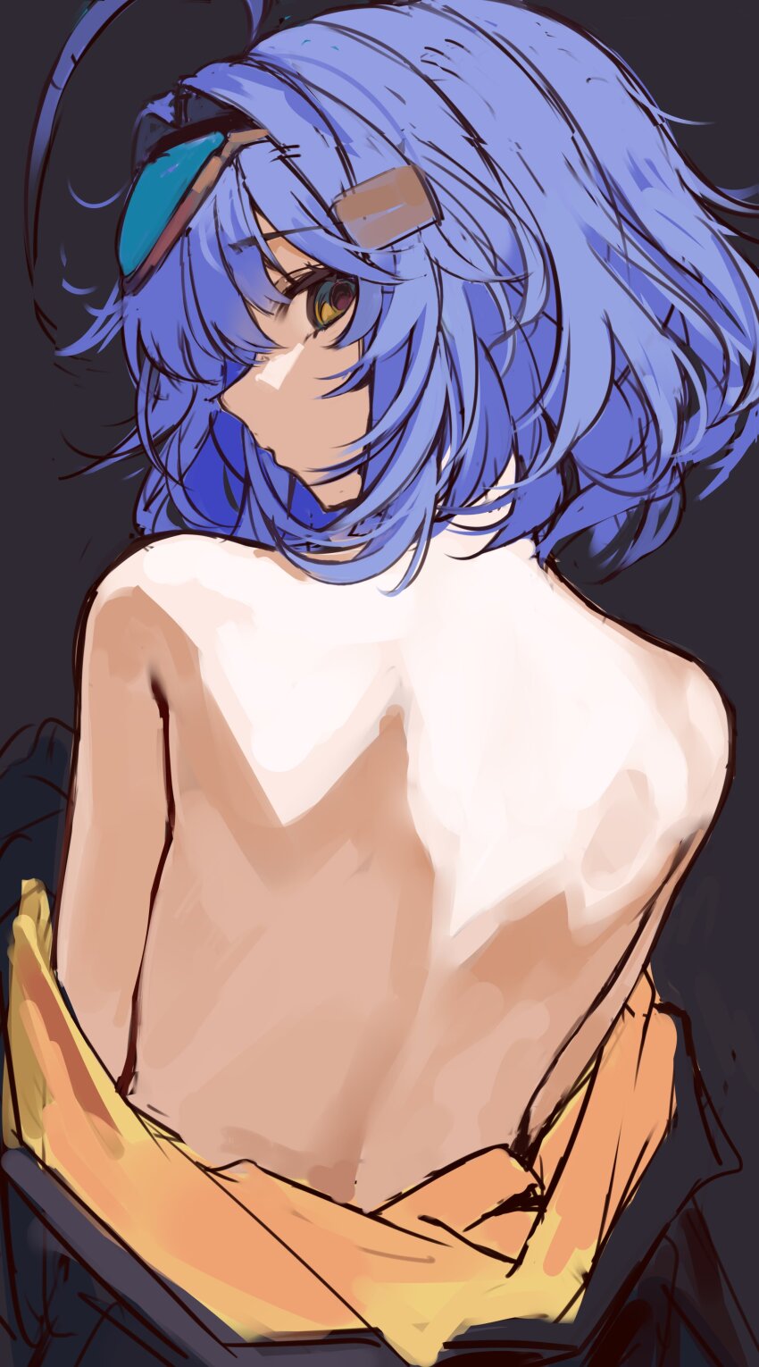 1girl, absurdres, ahoge, back, back_focus, blue_hair, closed_mouth, commentary