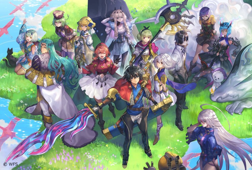 aldo_(another_eden), alma_(another_eden), another_eden, ashtear_(another_eden), bird, black_cat, cat, claude_(another_eden), closed_mouth, dress, feinne_(another_eden), grass, highres, iphi_(another_eden), korobo_(another_eden), kumos_(another_eden), long_hair, mariel_(another_eden), minalca_(another_eden), multiple_girls, nona_(another_eden), open_mouth, orleya_(another_eden), purple_hair, sesta_(another_eden), shinwoo_choi, short_hair, smile, tetra_(another_eden), tree, tsukiha_(another_eden), varuo_(another_eden), water, yakumo_(another_eden)