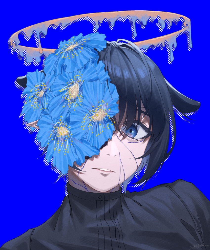 1girl, absurdres, black_hair, black_shirt, blue_background, blue_eyes, blue_flower, flower