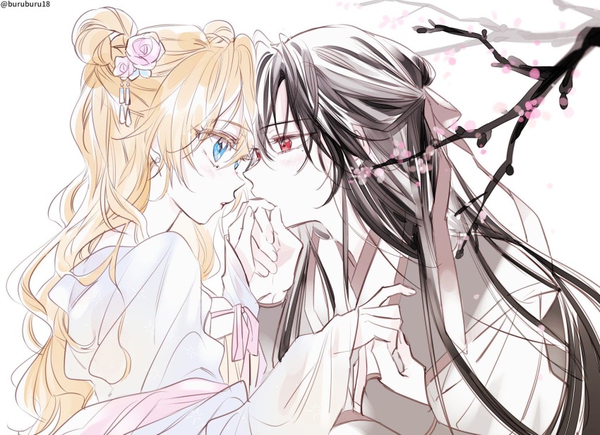 athanasia_de_alger_obelia, blonde_hair, blue_eyes, blush, finger_to_another's_mouth, highres, holding_hands, long_hair