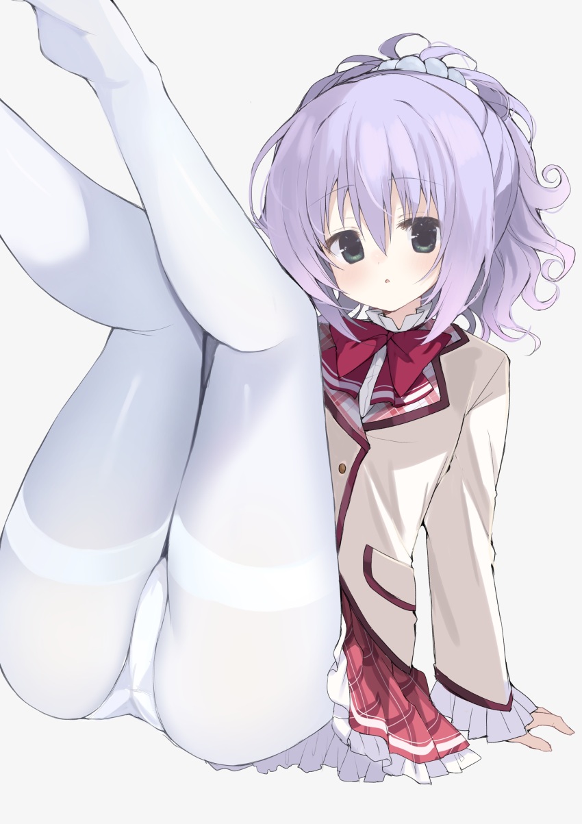 1girl, absurdres, blue_hair, blush, bow, bowtie, commentary_request, ena_(koisuru_doll_to_omoi_no_kiseki), feet_out_of_frame, frilled_skirt, frilled_sleeves, frills, green_eyes, hair_between_eyes, half_updo, highres, jacket, koisuru_doll_to_omoi_no_kiseki, legs, legs_up, long_sleeves, looking_at_viewer, medium_hair, miniskirt, no_shoes, open_mouth, panties, panties_under_pantyhose, pantyhose, plaid_clothes, plaid_skirt, pleated_skirt, red_bow, red_bowtie, red_skirt, school_uniform, simple_background, sitting, skirt, solo, takepoison, thighband_pantyhose, thighs, underwear, wavy_hair, white_background, white_jacket, white_panties, white_pantyhose