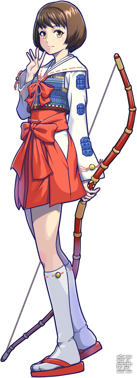 1girl, armor, bow_(weapon), brown_hair, full_body, hakama, hakama_short_skirt, hakama_skirt, highres, holding, holding_bow_(weapon), holding_weapon, japanese_armor, japanese_clothes, kneehighs, long_sleeves, looking_at_viewer, manojimerser, red_hakama, red_sandals, red_skirt, sailor_collar, sandals, sengoku_basara, simple_background, skirt, smile, socks, solo, tsuruhime_(sengoku_basara), waving, weapon, white_background, white_sailor_collar, white_socks, yellow_eyes