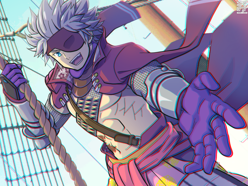 :d, abs, blue_eyes, blue_sky, chousokabe_motochika_(sengoku_basara), eyepatch, fang, grey_hair