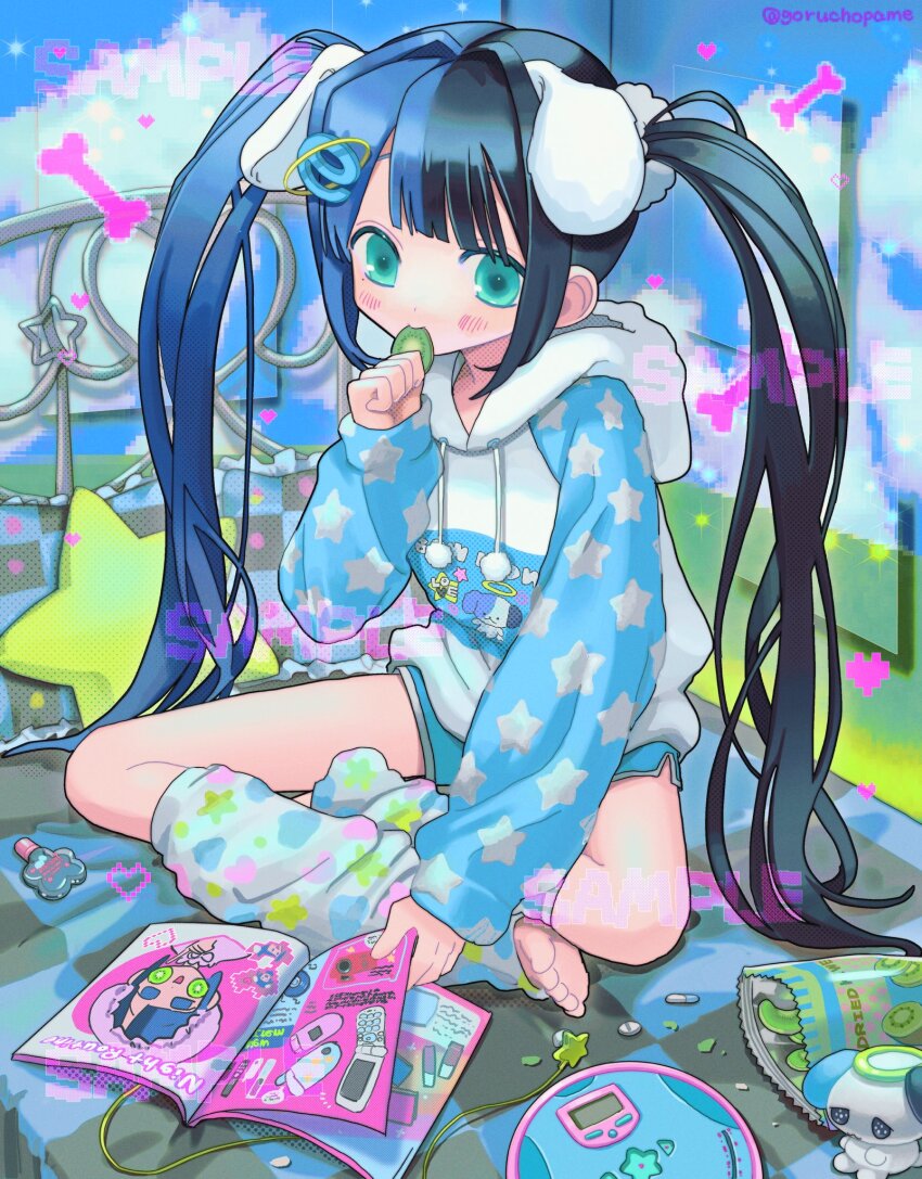 1girl, 2000s_(style), aqua_eyes, barefoot, black_hair, blue_hair, blush, cd_player, cellphone, commentary_request, commission, eating, feet, flip_phone, food, fruit, hair_ornament, heisei_retro, highres, holding, holding_food, hood, hood_down, hoodie, indian_style, indie_virtual_youtuber, internet_explorer, jojifuku, juriken, kiwi_(fruit), kiwi_slice, leg_warmers, long_hair, magazine_(object), multicolored_hair, on_bed, phone, poin_(goruchopame), pom_pom_(clothes), sample_watermark, sitting, skeb_commission, solo, split-color_hair, star_(symbol), tenshi_kaiwai, twintails, very_long_hair, virtual_youtuber, watermark