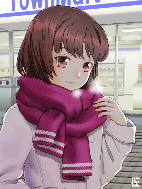 1girl, breath, brown_eyes, brown_hair, coat, convenience_store, gakuen_basara, looking_at_viewer
