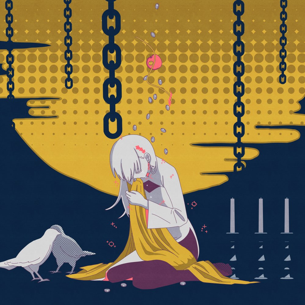 1girl, apple, bird, chain, cleavage_cutout, clothing_cutout, crying, derivative_work, dress, earrings, fish_earrings, food, fruit, harushi_mube, holding_cloak, ix_(lower), jewelry, kneeling, long_hair, lower_(vocaloid), official_art, side_slit, single_earring, solo, white_dress, white_hair, yellow_cloak