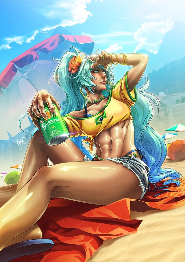 1girl, abs, aqua_eyes, aqua_hair, beach, beach_towel, beach_umbrella, bead_choker, beads, belly_chain, bikini, blue_bikini, blue_eyes, blue_shorts, blue_sky, bracelet, brazil, brazilian_flag, brazilian_flag_print, brazilian_miku, breasts, can, cleavage, commentary, crop_top, drink_can, earrings, exposed_pocket, eyewear_on_head, flag_print, flip-flops, flower, glasses, green_nails, guarana, guarana_antarctica, hair_flower, hair_ornament, hatsune_miku, holding, holding_can, jewelry, kazuo_miyahara_(kazzmiya), long_hair, medium_breasts, multiple_bracelets, nail_polish, navel, open_mouth, red_flower, sand, sandals, shirt, short_shorts, shorts, side_ponytail, sky, soda, soda_can, sun, sun_glare, sunglasses, swimsuit, tan, tanline, towel, twintails, umbrella, vocaloid, yellow_nails
