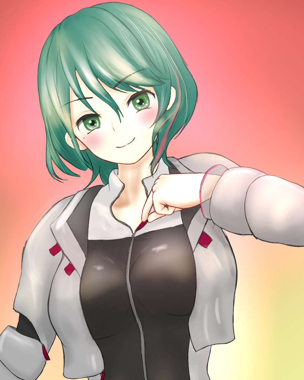 dead_or_alive, dead_or_alive_xtreme, dead_or_alive_xtreme_venus_vacation, green_eyes, green_hair, highres, looking_at_viewer, mole, mole_under_eye, multicolored_hair, simple_background, smile, streaked_hair, tagme, tamaki_(doa), upper_body, yuu_(yu_level), zipping