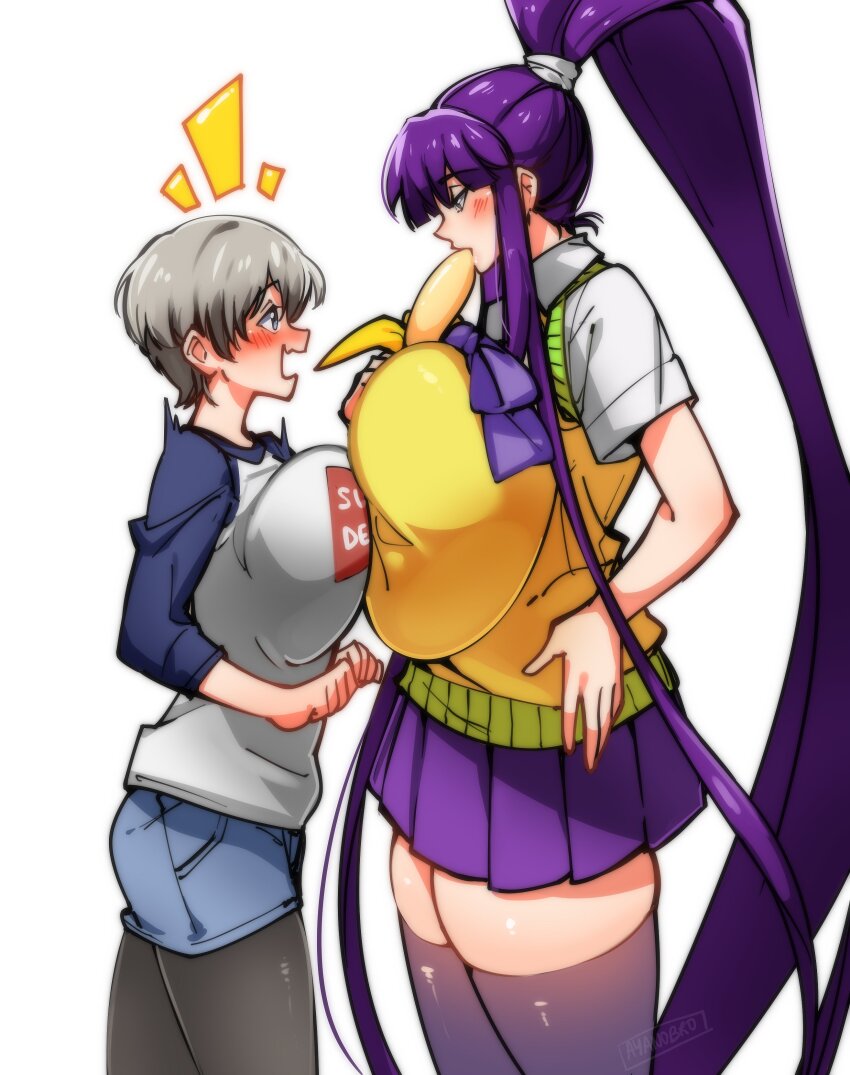 2girls, absurdres, asymmetrical_docking, ayanobro, banana, blue_eyes, blush, breast_press, breasts, crossover, denim, denim_shorts, eating, eiken, fang, food, fruit, grey_eyes, grey_hair, hand_on_own_hip, highres, huge_breasts, large_breasts, leggings, long_hair, misono_kirika, multiple_girls, pantyhose, ponytail, purple_hair, school_uniform, short_hair, shorts, sidelocks, skin_fang, skirt, sugoi_dekai, sweater_vest, thighhighs, uzaki-chan_wa_asobitai!, uzaki_hana, very_long_hair, zettai_ryouiki