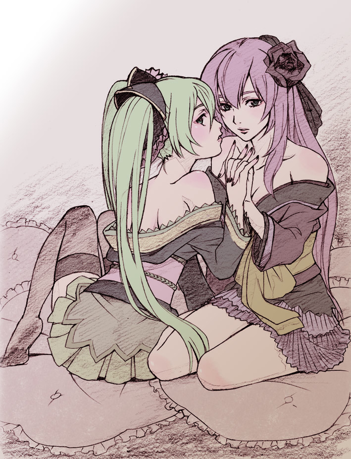 2girls, aqua_hair, aqua_skirt, back, bare_back, bare_legs, bare_shoulders, black_flower, black_kimono, black_nails, black_rose, breasts, brown_legwear, cleavage, collarbone, couple, female_focus, flower, full_body, hair_between_eyes, hair_flower, hair_ornament, hand_up, hatsune_miku, hatsune_miku_(chou), holding_hands, interlocked_fingers, japanese_clothes, kimono, knees_together_feet_apart, knees_up, legs, lips, long_hair, long_sleeves, looking_at_viewer, looking_back, magnet_(vocaloid), megurine_luka, megurine_luka_(hana), multiple_girls, nail_polish, neck, off_shoulder, parted_lips, pink_hair, pink_skirt, pleated_skirt, project_diva, project_diva_(series), project_diva_2nd, rose, sash, shimashiman, sitting, skirt, thighhighs, twintails, very_long_hair, vocaloid, yuri