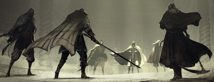 1other, 2girls, 3boys, absurdres, armor, boots, cape, cloak