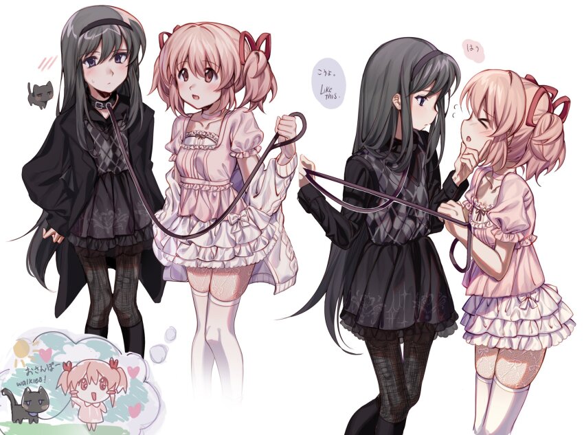 2girls, adapted_costume, akemi_homura, argyle_clothes, argyle_sweater, bdsm, black_hair, black_skirt, casual, cat, chibi, chibi_inset, highres, hime_cut, holding, holding_leash, kaname_madoka, kuro_miumu, leash, long_hair, mahou_shoujo_madoka_magica, multiple_girls, pantyhose, pink_hair, pink_shirt, shirt, skirt, sweater, very_long_hair, white_skirt, yuri