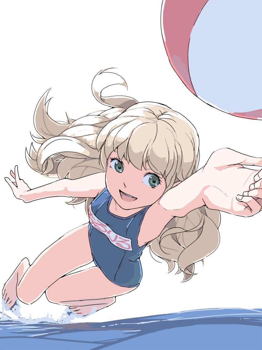 1girl, :d, akinbo_(hyouka_fuyou), another_eden, ball, barefoot, beachball, blue_one-piece_swimsuit, closed_mouth, feet, full_body, highres, long_hair, looking_at_viewer, one-piece_swimsuit, open_mouth, simple_background, smile, solo, swimsuit, thillelille_(another_eden), water, white_background