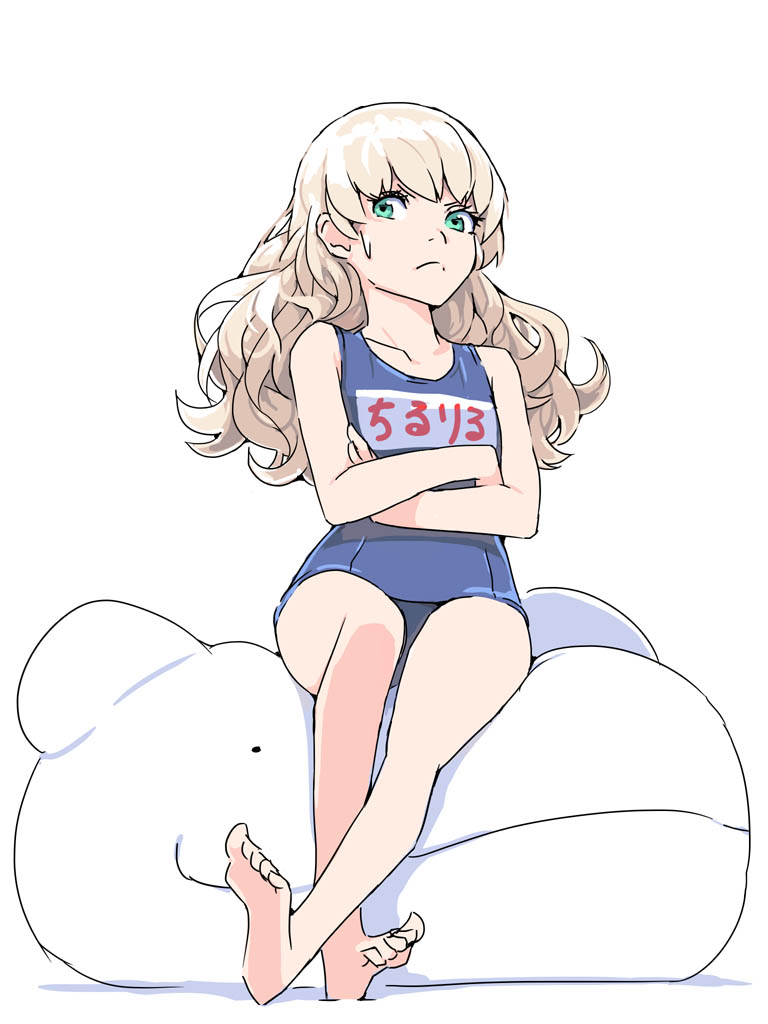 1girl, akinbo_(hyouka_fuyou), another_eden, barefoot, blue_one-piece_swimsuit, closed_mouth, feet, full_body, long_hair, looking_at_viewer, moke_(another_eden), one-piece_swimsuit, simple_background, solo, swimsuit, thillelille_(another_eden), white_background