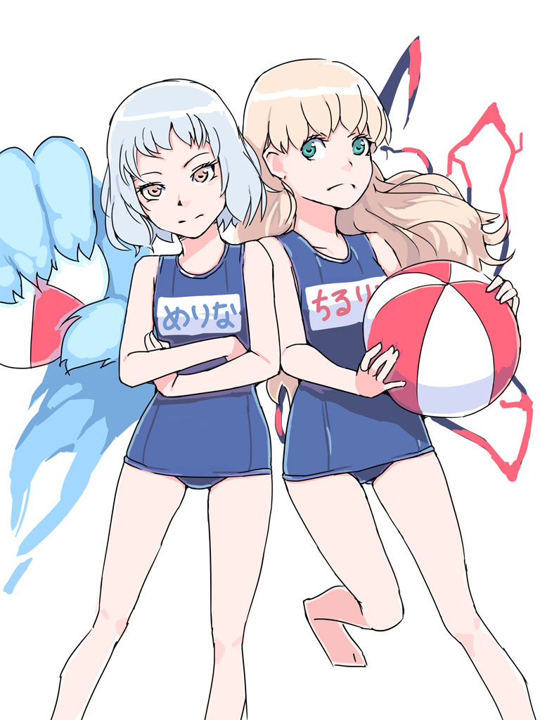 2girls, akinbo_(hyouka_fuyou), another_eden, blue_one-piece_swimsuit, closed_mouth, long_hair, looking_at_viewer, melina_(another_eden), multiple_girls, one-piece_swimsuit, simple_background, swimsuit, thillelille_(another_eden), white_background