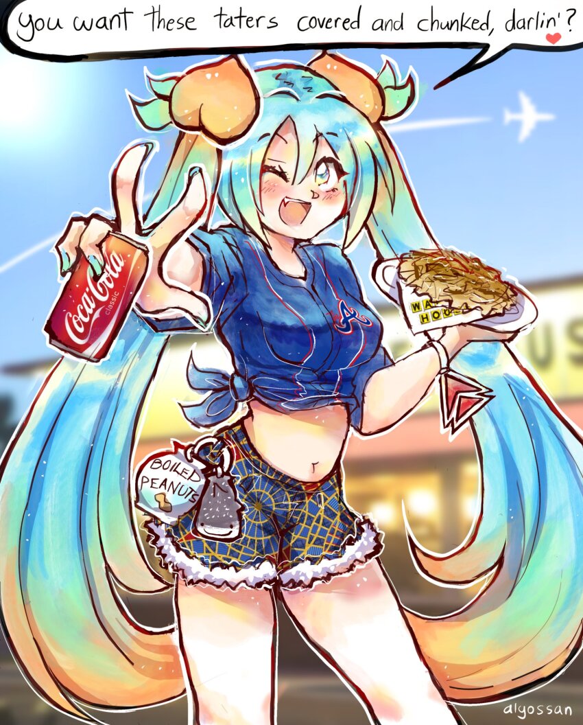 1girl, aircraft, airplane, alyossan, american_miku, aqua_hair, aqua_nails, artist_name