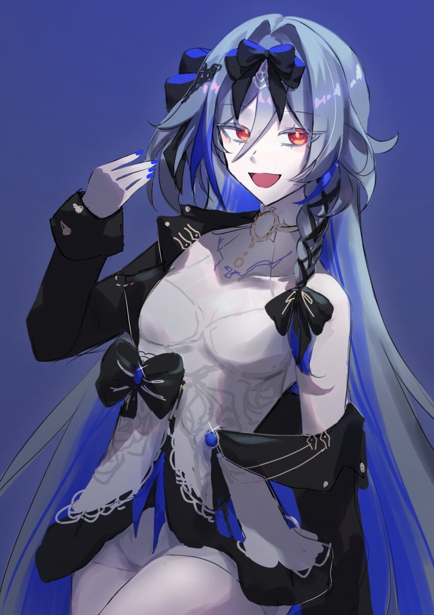 1girl, black_bow, blue_background, blue_hair, blue_nails, bow, braid, breasts