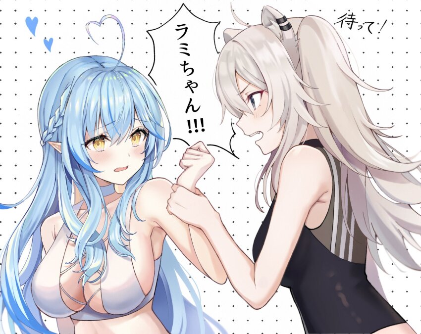 2girls, ahoge, animal_ear_piercing, animal_ears, bare_shoulders, bikini, blue_hair, blush