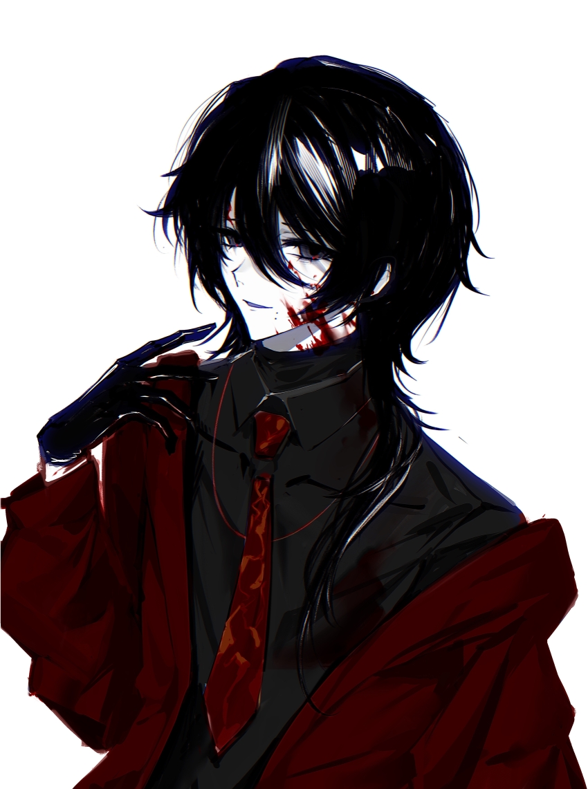 1boy, absurdres, black_eyes, black_gloves, black_hair, black_shirt, blood, blood_on_clothes