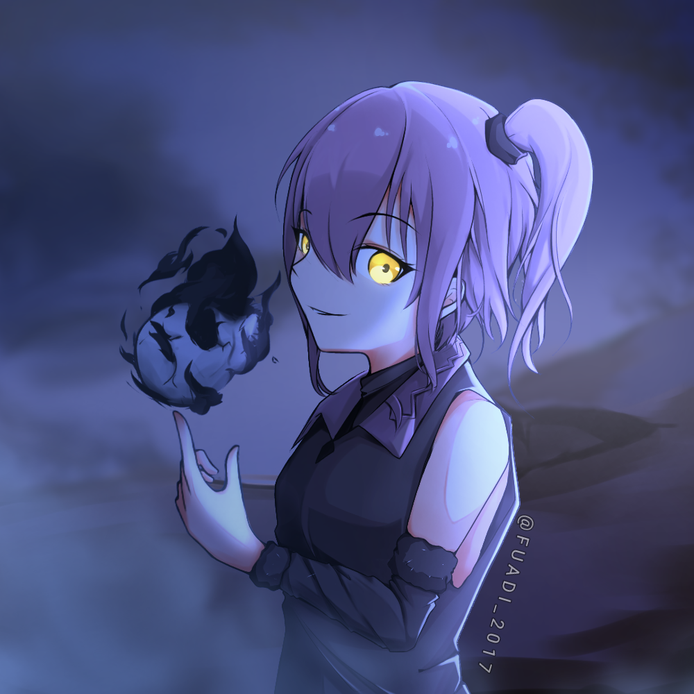 1girl, artist_name, black_fire, black_sleeves, fire, fuadi_2017, long_hair, purple_hair, solo, tensei_shitara_slime_datta_ken, ultima_(tensura), yellow_eyes