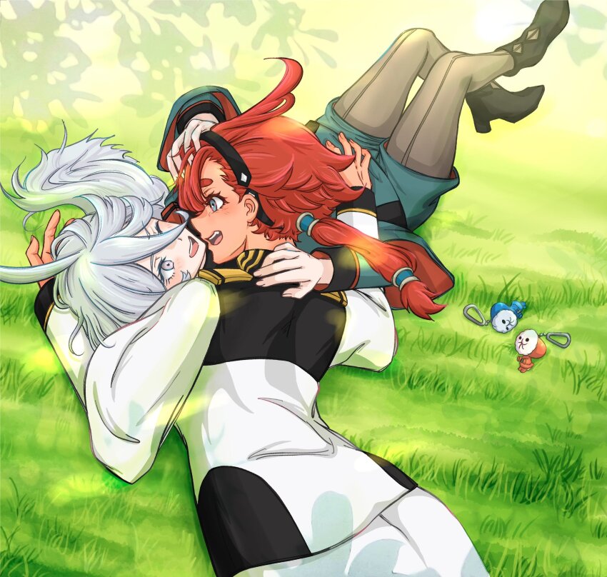 2girls, asticassia_school_uniform, black_footwear, black_hairband, black_pantyhose, blue_eyes, commentary_request, cool_(gundam_suisei_no_majo)