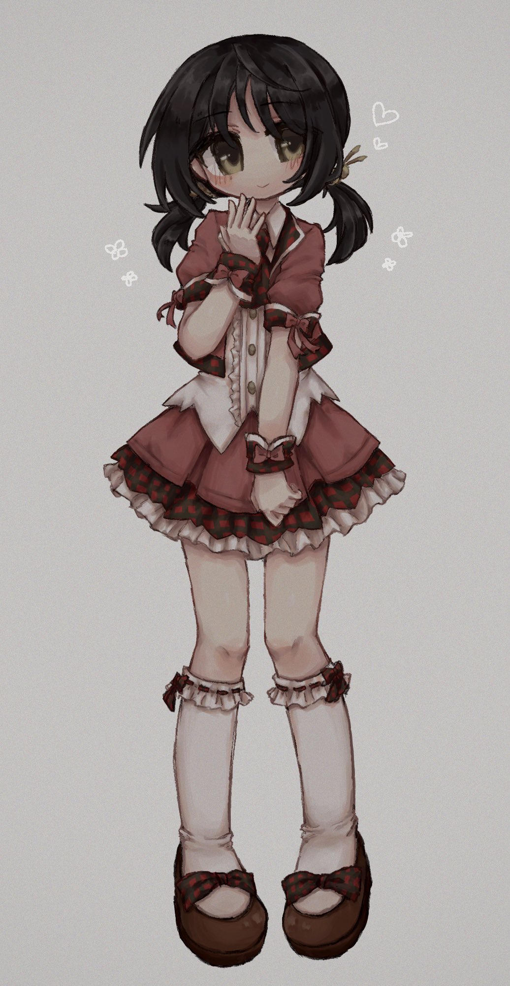 1girl, agpgwm, black_hair, blush, bow, bow_legwear, brown_eyes, brown_shoes
