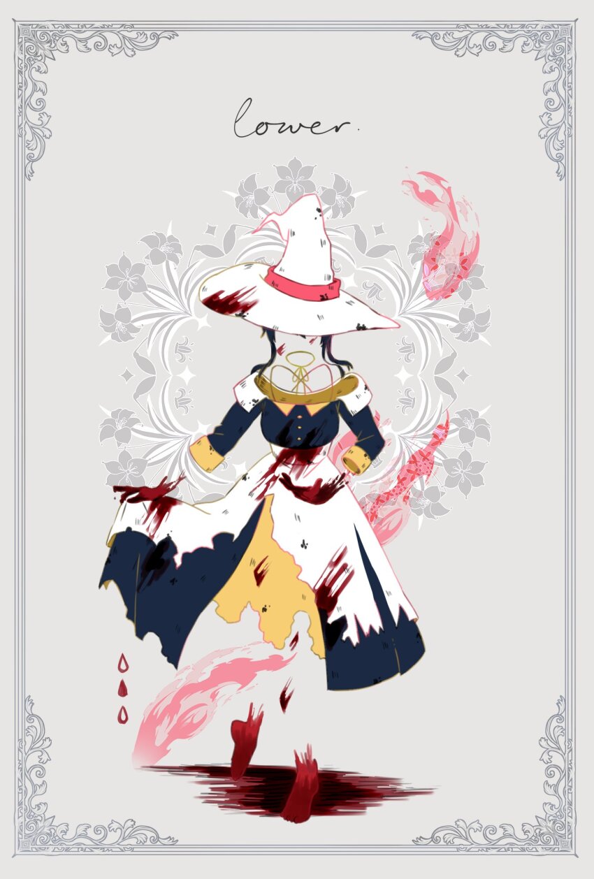 1girl, black_dress, black_hair, blood, blood_on_clothes, blood_on_face, blood_on_feet, blood_on_hands