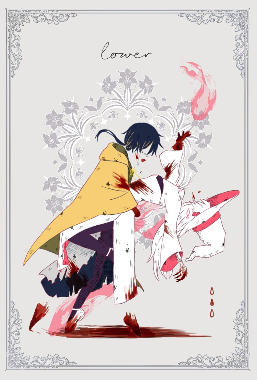 2girls, black_hair, black_pantyhose, blood, blood_on_clothes, blood_on_face, blood_on_hands, border