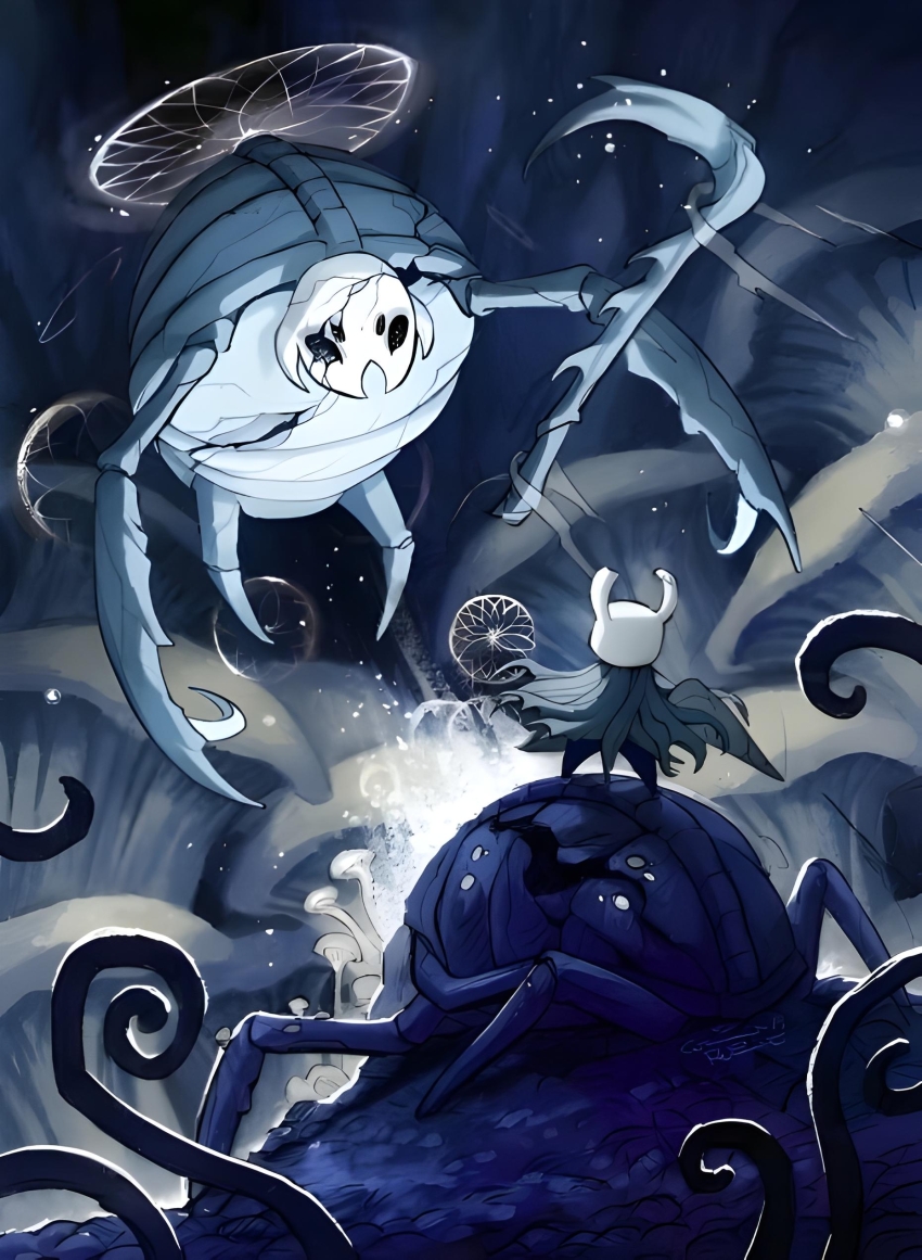 absurdres, corpse, flying, fungus, galien_(hollow_knight), highres, hollow_knight, knight_(hollow_knight)