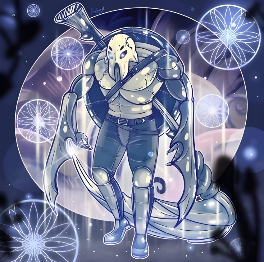 broken, claws, dream, fungus, galien_(hollow_knight), highres, hollow_knight, mushroom, shield, weapon