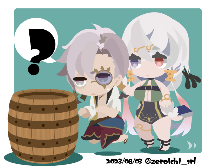 01_(zeroichi_srl), 1boy, 1girl, ?, atelier_(series), atelier_ryza, atelier_ryza_1, barrel
